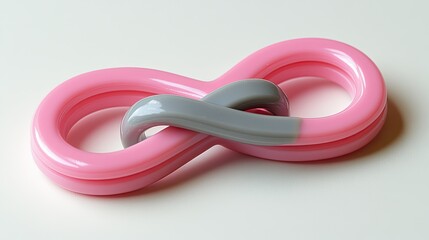 Fototapeta premium Sleek Pink and Grey Interlocked Loops Forming a Glossy Infinity Symbol on a White Surface.