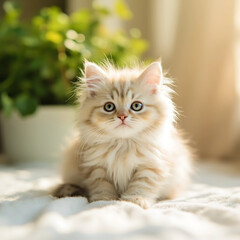 Obraz premium Sweet fluffy kitten resting on cozy surface with houseplants behind