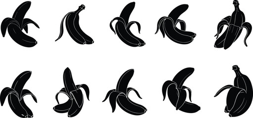 Black silhouette bananas vector collection, peeled bananas, whole bananas, tropical fruit illustrations, healthy snack icons, hand-drawn banana designs