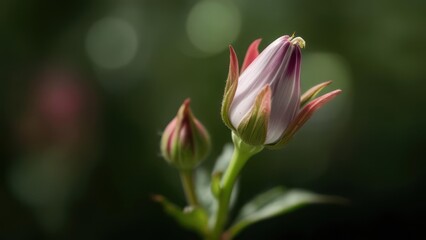 Fototapeta premium Close-up of two flower buds, one open, the other closed, against a blurred background
