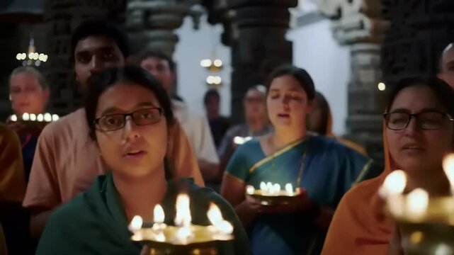 Diverse group chanting with temple, and India.