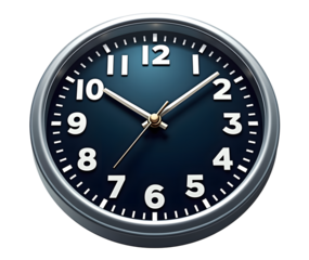 Analog clock with blue face isolated on transparent background, time concept