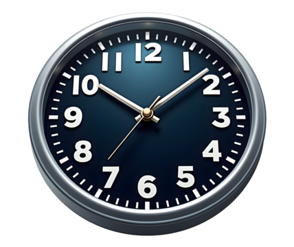 Analog clock with blue face isolated on transparent background, time concept