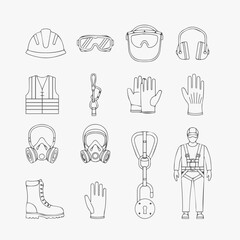 Firefighter gear outline icon set fire safety equipment helmet extinguisher hose mask vector collection