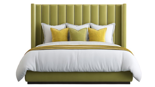 Olive Green Upholstered Bed with Yellow Pillows and White Bedding