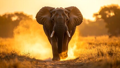 Majestic elephant walking through dusty savanna during golden hour in Africa, creating a dramatic and aweinspiring scene.