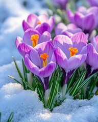 Purple and orange crocuses blooming in snowy white frosty winter garden scene