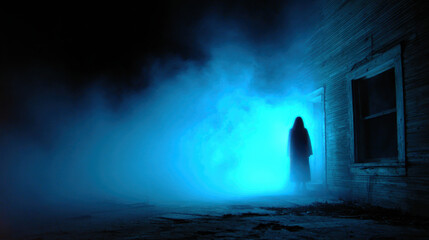 Ghostly figure blue mist abandoned house night eerie mood stirs fear and curiosity
