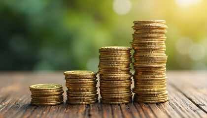 Stacks of gold coins on wooden surface