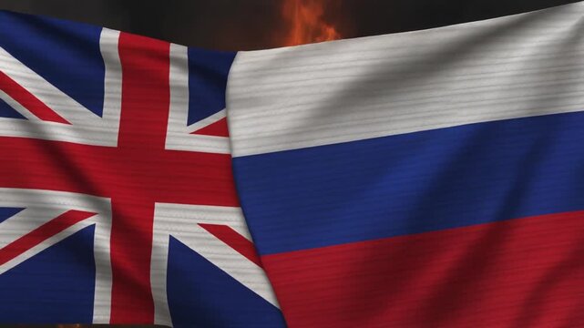 UK and Russia flags waving side by side with fiery dark background, symbolizing geopolitical tension and international rivalry.