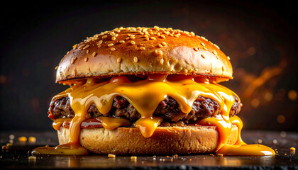 Delicious and juicy classic American cheeseburger with a sesame seed bun and oozing melted cheddar cheese, an icon of comfort food