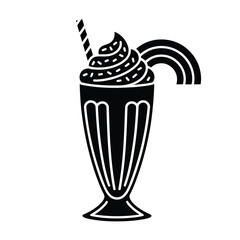 Black and white illustration of a milkshake with whipped cream and a rainbow