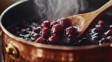 Homemade cranberry sauce cooking in copper pot with wooden spoon, glossy red berries simmering for holiday dinner preparation and festive cooking