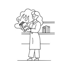 Illustration of woman reading book in library vector art line drawing design for education and learning resources