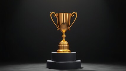 Golden trophy displayed elegantly on a pedestal against a dark backdrop.
