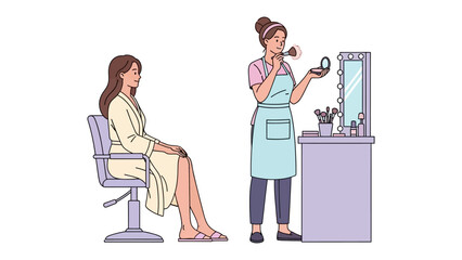 Professional makeup artist applying cosmetics to a seated client in a brightly lit salon setting