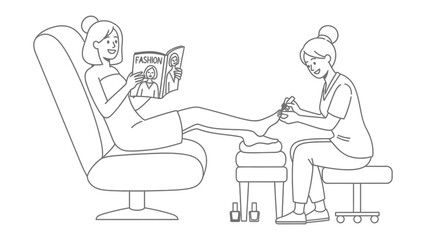 Woman relaxing in a salon chair reading a book while receiving a pedicure treatment