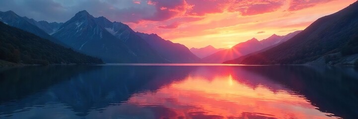Fototapeta premium Serene mountain lake reflecting a vibrant sunset, inspiring tranquility and inner peace Perfect for meditation, mindfulness, and nature-themed projects , sunset, meditation