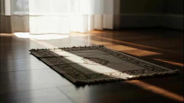 Sunlight falls on a prayer rug on a wooden floor, creating a serene and peaceful atmosphere for prayer or meditation