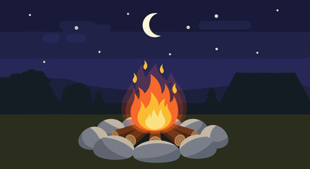 Cozy campfire under the night sky A serene outdoor scene featuring a glowing bonfire