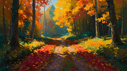 Obraz premium A dense forest path blanketed in vibrant autumn leaves. Generative AI