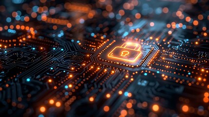 Obraz premium Secure digital network with a glowing padlock and a circuit board, protecting data and systems