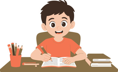 Boy happily writing at a desk with books and pencils