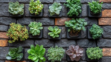 Various potted succulent plants decorate a brick wall indoors or out. It's perfect for eco-friendly design and green living concepts.