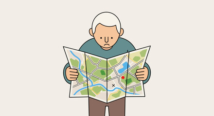 Confused senior man holding a large city map, trying to find directions and navigate his way