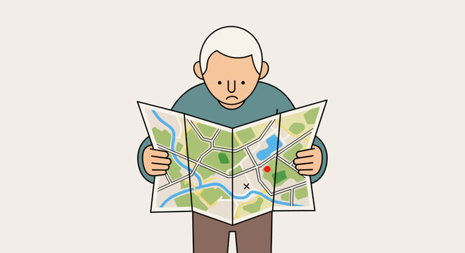 Confused senior man holding a large city map, trying to find directions and navigate his way