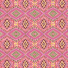Soft pastel kaleidoscope abstract pattern in pink, beige, and green tones with ornamental diamond symmetry and soothing aesthetic.