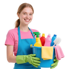 Smiling Woman Holding Cleaning Supplies &ndash; Happy Housekeeper with Bucket, Gloves, and Household Products in white transparent png background cutout