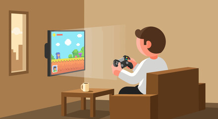 Man enjoying a relaxing evening at home playing a retro video game on his console. Indoor hobby and leisure concept illustration