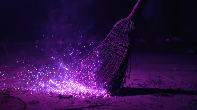 Neon broom, purple spark, magic dust, dark floor, moody glow, fantasy vibe