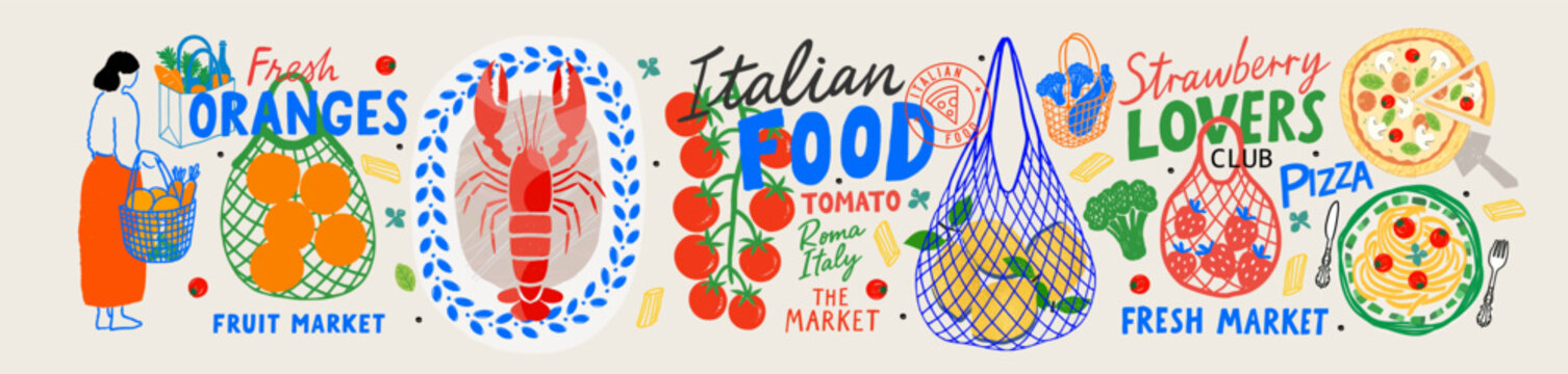 Italian Mediterranean food and cuisine. Vector illustrations of lobster, tomatoes, lemons in mesh shopping bag, pasta, pizza, strawberry, customer with basket, market for icons, poster or banner 