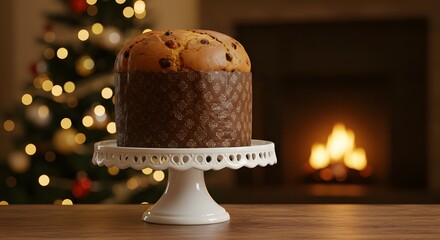 A festive panettone displayed on a cake stand with christmas tree background. The scene radiates warmth and the joy of the holidays