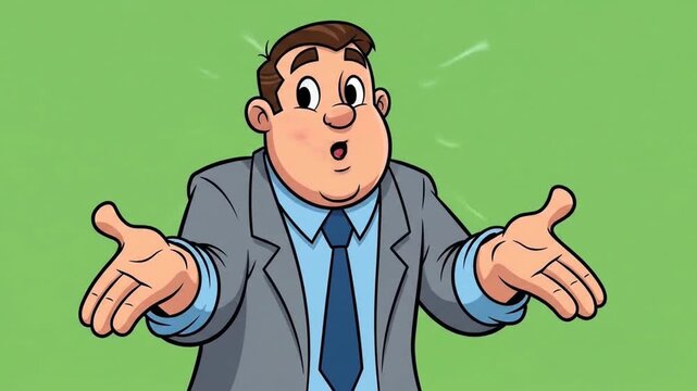 A cheerful cartoon man in a suit shrugging against a green background.