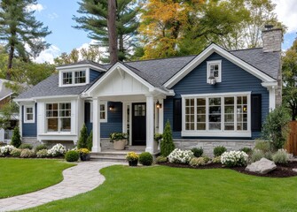 a blue house with white trim, showcasing the perfect color combination for your exterior paint job. the home has two stylized gables and is surrounded by lush green grass, trees, flowers, shrubs