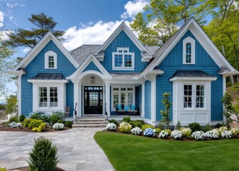 a blue house with white trim, showcasing the perfect color combination for your exterior paint job. the home has two stylized gables and is surrounded by lush green grass, trees, flowers, shrubs