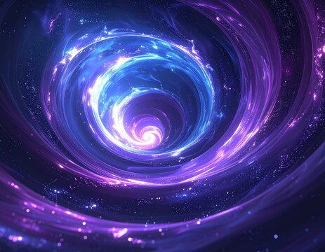 A swirling cosmic vortex of purple and blue energy, resembling a galaxy or wormhole, with bright center.