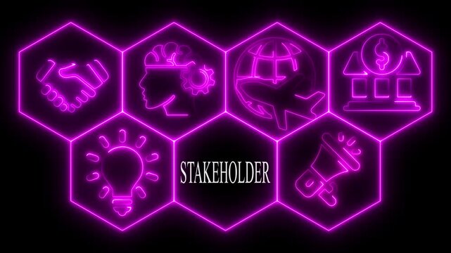 Neon illustration of stakeholder concepts represented in hexagonal shapes