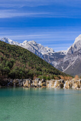 The Blue Moon Valley landscape of Yulong Snow Mountain in Lijiang, Yunnan