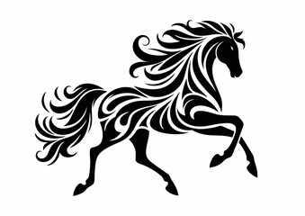 Horse galloping playfully and cheerfully, black and white vector silhouette