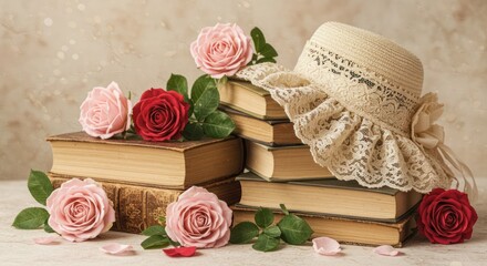 A Still Life of Roses, Books, and a Lacy Hat