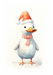 A Happy duck celebrating Christmas wearing Santa hat christmas snowman animal.