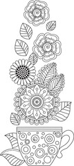 Delicate floral tea cup and blooming flowers coloring page for adults and children white background