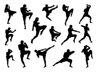Muay Thai Martial Arts Movement Silhouette Set with Typical Kicking and Punching Poses
