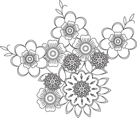 Whimsical floral arrangement coloring page for relaxation and creativity white background