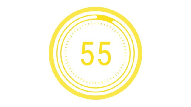 60-second (1-minute) lemon yellow countdown with rotating dashed inner ring, pulsating outer circle, and decreasing time gauge on a white background. 4K Motion Graphics. Fresh fruit, lemon concept
