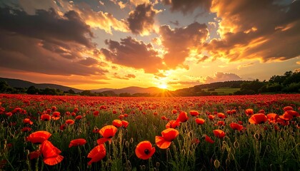 Sun rises over poppy field in countryside, casting warm glow on flowers and creating peaceful, scenic vista at dawn.